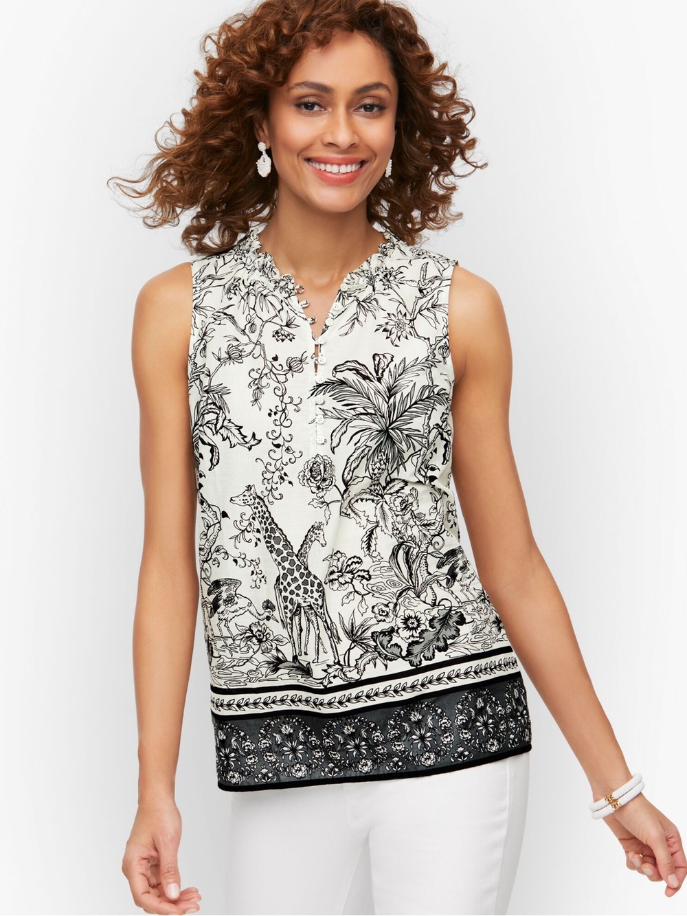 Talbots 100% Cotton Ruffle Trim Shell Tank Top, Black & White Jungle Friends – P